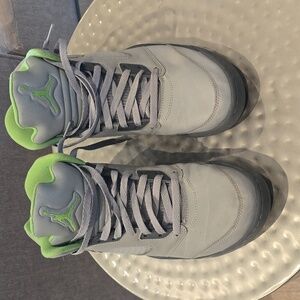 Gray and Green High-Top Jordan Retro 5 Sneakers